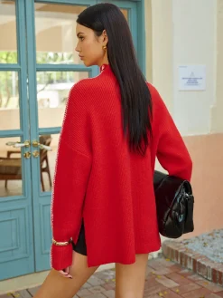 Mock Neck Contrast Binding Split Sweater