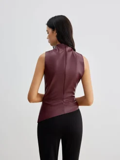Mock Neck Faux Leather Cinched Tank Top