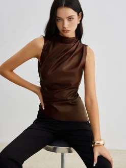 Mock Neck Faux Leather Cinched Tank Top