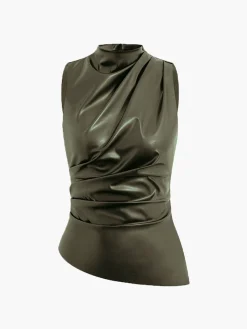 Mock Neck Faux Leather Cinched Tank Top