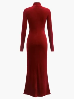 Mock Neck Knotted Velvet Dress