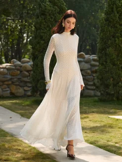Mock Neck Lace Flowy Long Dress