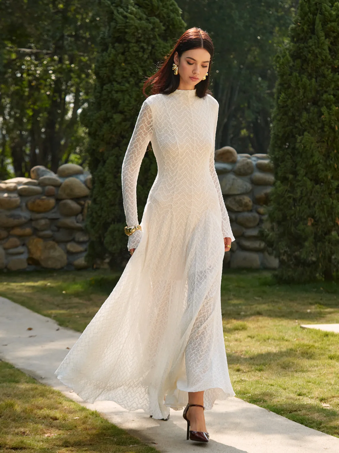 Mock Neck Lace Flowy Long Dress