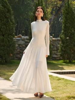 Mock Neck Lace Flowy Long Dress