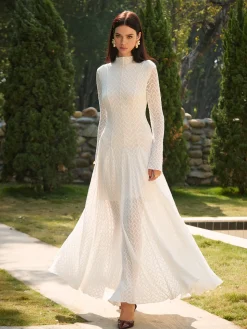 Mock Neck Lace Flowy Long Dress