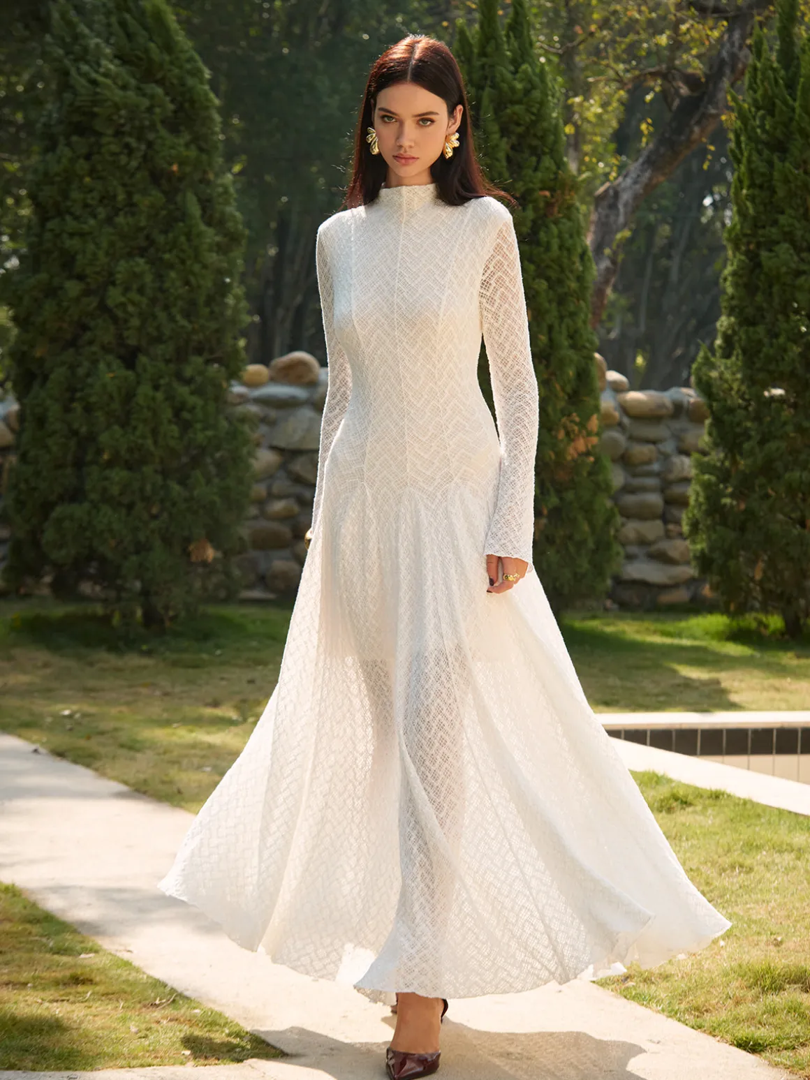 Mock Neck Lace Flowy Long Dress
