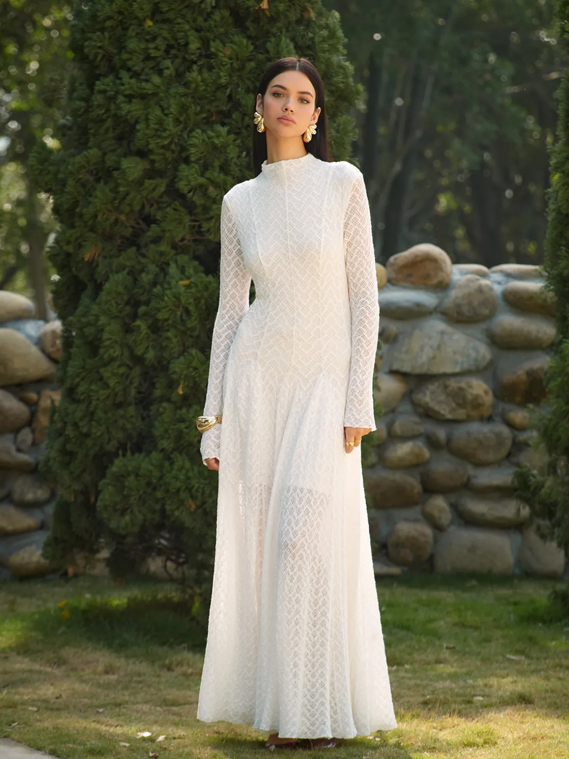 Mock Neck Lace Flowy Long Dress