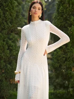 Mock Neck Lace Flowy Long Dress