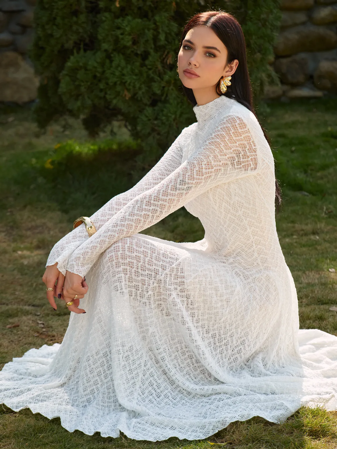 Mock Neck Lace Flowy Long Dress