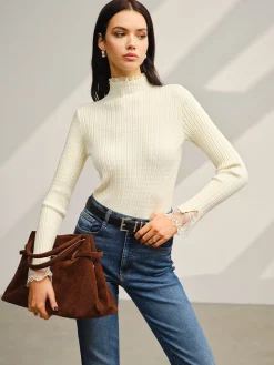 Mock Neck Lace Trim Slim Sweater