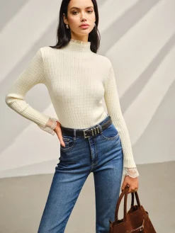 Mock Neck Lace Trim Slim Sweater