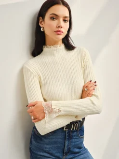 Mock Neck Lace Trim Slim Sweater