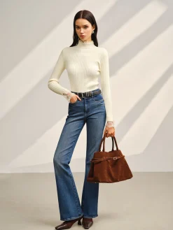 Mock Neck Lace Trim Slim Sweater