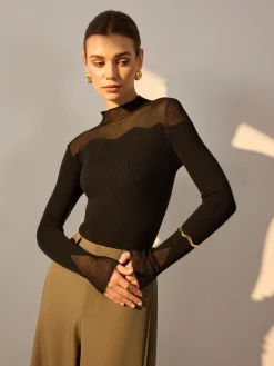 Mock Neck Mesh Panel Slim Sweater