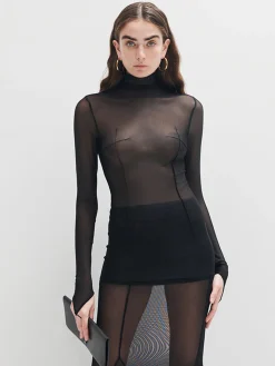 Mock Neck Mesh Thin T-Shirt