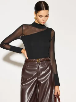 Mock Neck Mesh-Detail Long Sleeve T-Shirt