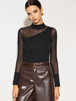 Mock Neck Mesh-Detail Long Sleeve T-Shirt