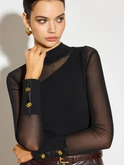 Mock Neck Mesh-Detail Long Sleeve T-Shirt