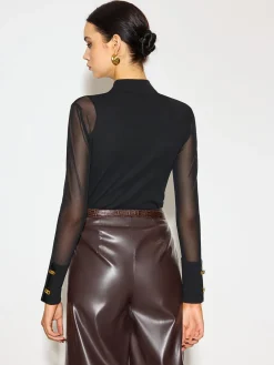 Mock Neck Mesh-Detail Long Sleeve T-Shirt