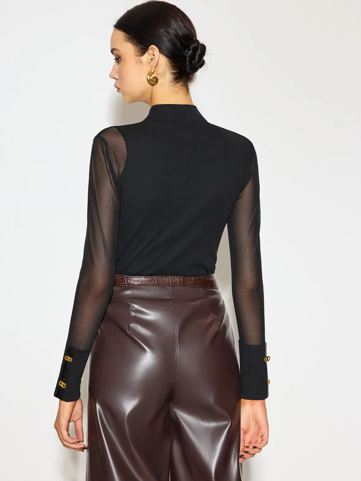 Mock Neck Mesh-Detail Long Sleeve T-Shirt
