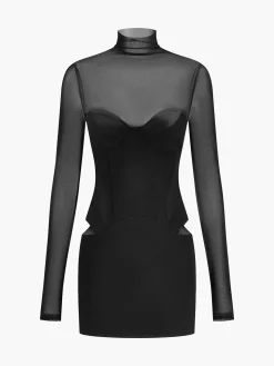 Mock Neck Mesh-Detail Short Dress