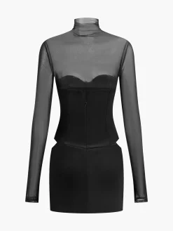 Mock Neck Mesh-Detail Short Dress