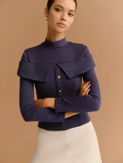 Mock Neck Metal-Detail Jersey Top