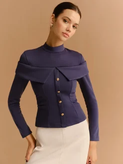 Mock Neck Metal-Detail Jersey Top