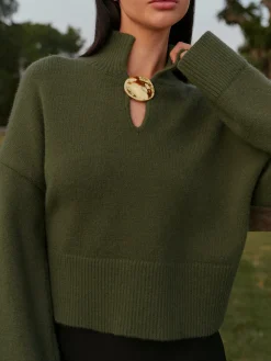 Mock Neck Metal-Detail Short Sweater