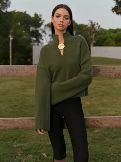 Mock Neck Metal-Detail Short Sweater