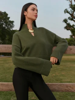Mock Neck Metal-Detail Short Sweater