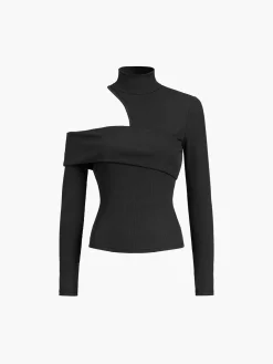 Mock Neck Oblique Cutout Rib Long Sleeve Knit Top