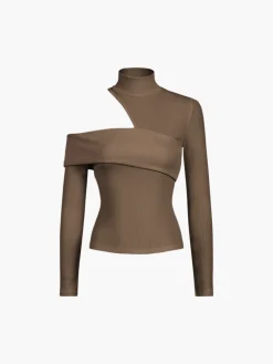 Mock Neck Oblique Cutout Rib Long Sleeve Knit Top