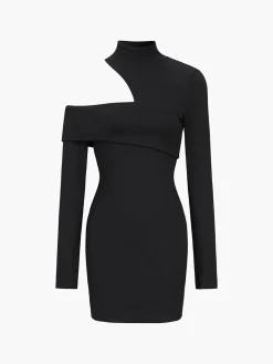 Mock Neck Oblique Cutout Rib Long Sleeve Short Dress