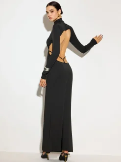 Mock Neck Open Back Long Dress