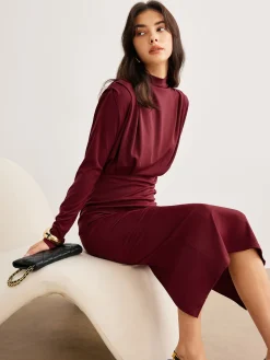 Mock Neck Pleated Jersey Dress
