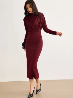 Mock Neck Pleated Jersey Dress