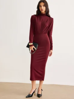 Mock Neck Pleated Jersey Dress