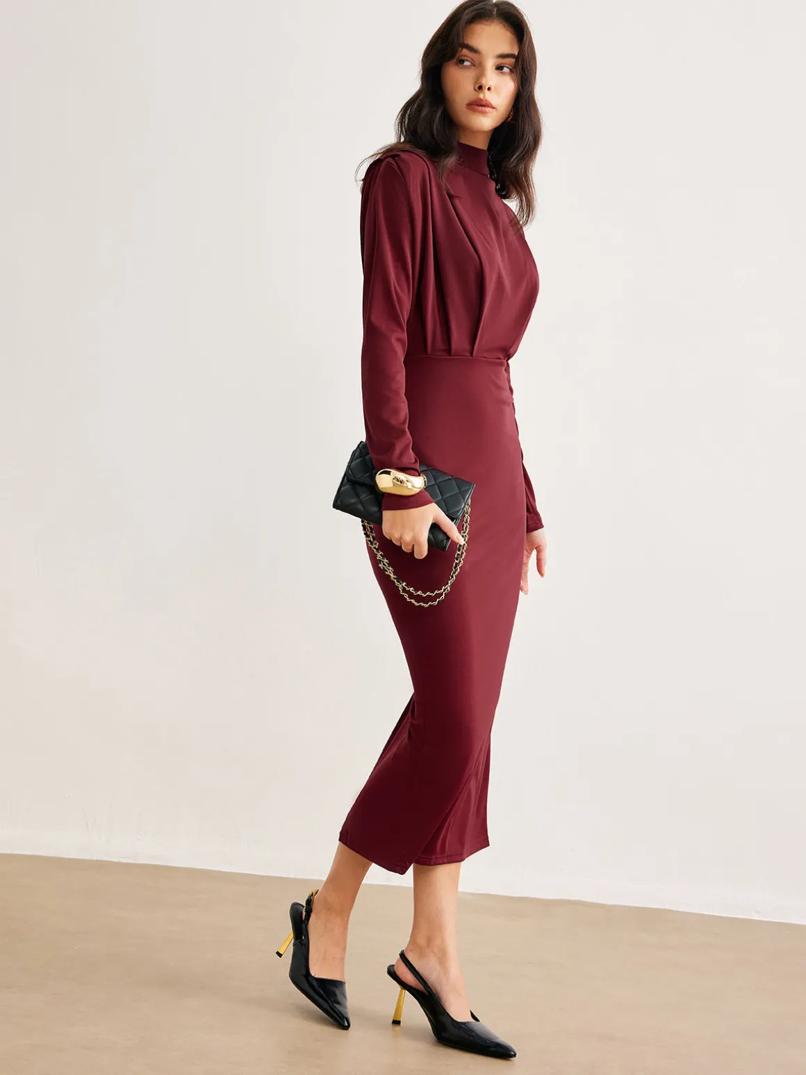 Mock Neck Pleated Jersey Dress