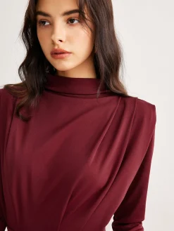 Mock Neck Pleated Jersey Dress