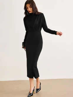 Mock Neck Pleated Jersey Dress