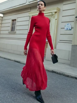 Mock Neck Pleated Panel Sweater Dress