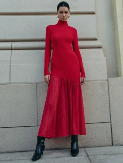 Mock Neck  Pleated Panel Sweater Dress