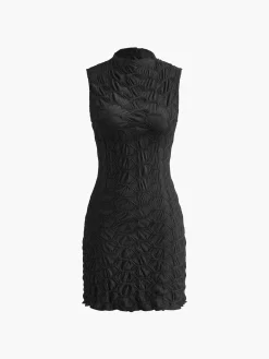 Mock Neck Plisse Detailed Dress