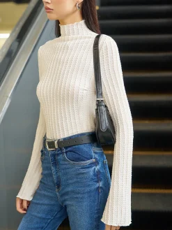 Mock Neck Plisse Skinny T-Shirt