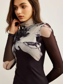 Mock Neck Printed Mesh Dress