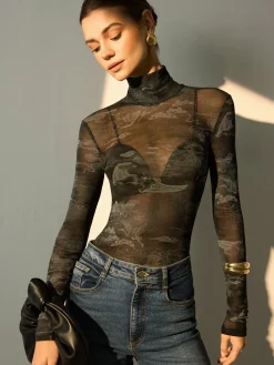 Mock Neck Printed Semi-Sheer Blouse