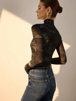 Mock Neck Printed Semi-Sheer Blouse