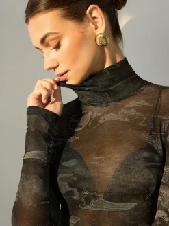 Mock Neck Printed Semi-Sheer Blouse