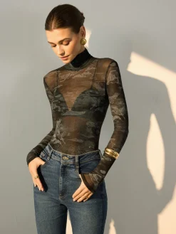 Mock Neck Printed Semi-Sheer Blouse